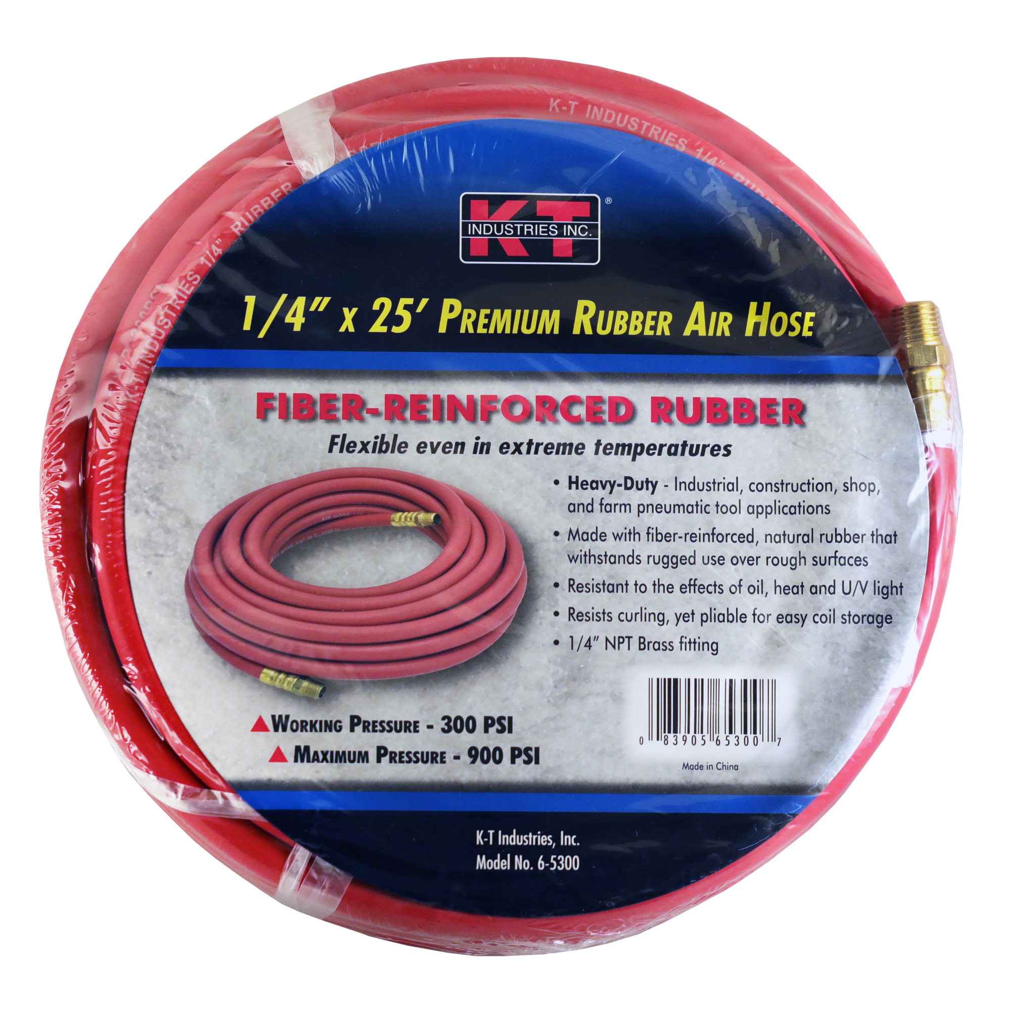 K-T Industries Rubber Air Hose — 1/4in. x 25ft., Brass Fittings, Model# 6-5300
